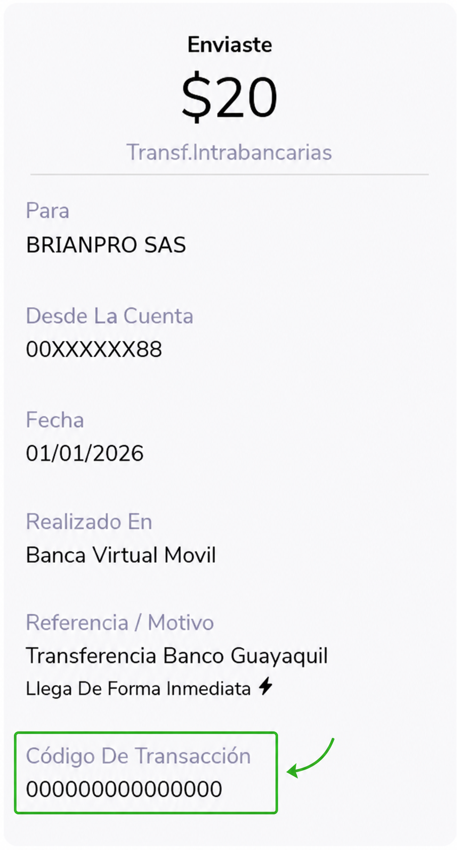 Ejemplo completo de transferencia del Banco Guayaquil con el Código de Transacción señalado en verde